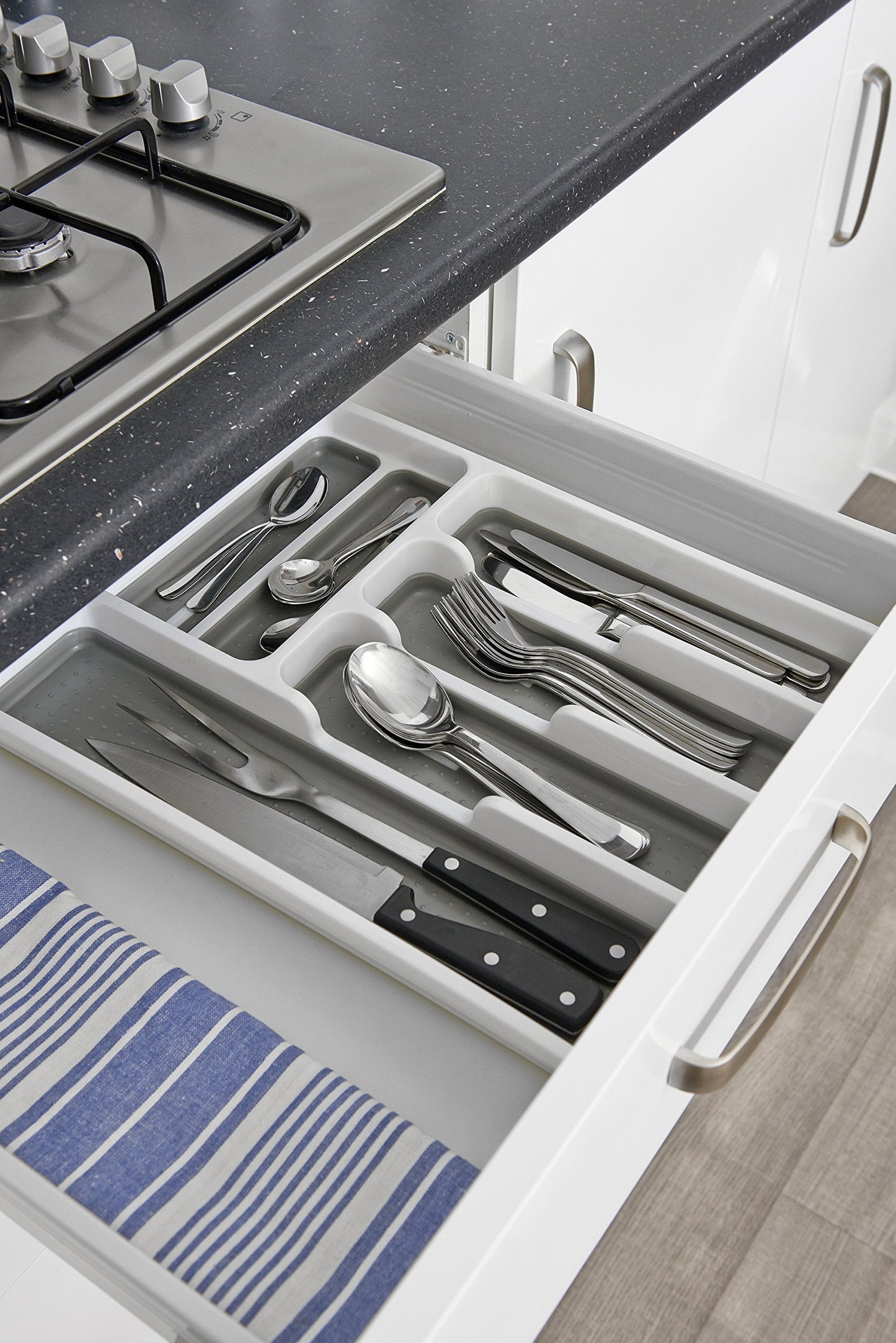 Addis Premium Soft touch 6 Compartment Cutlery Drawer Organiser Tray, White and Grey 6 Sections White Dark Grey Single