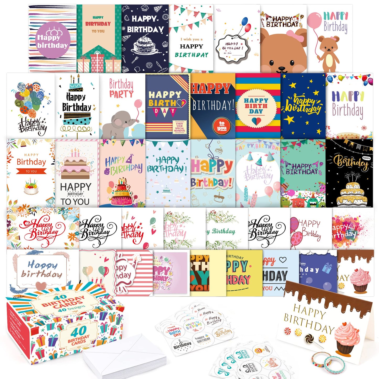 Feela 40 Happy Birthday Cards Pack, 40 Designs Birthday Cards Multipack and 40 Blank Envelopes，48 Pieces of Stickers 2 Washi Tapes, 4 X 6 Inches Blank Greeting Cards for Women, Men, Friends and Kids