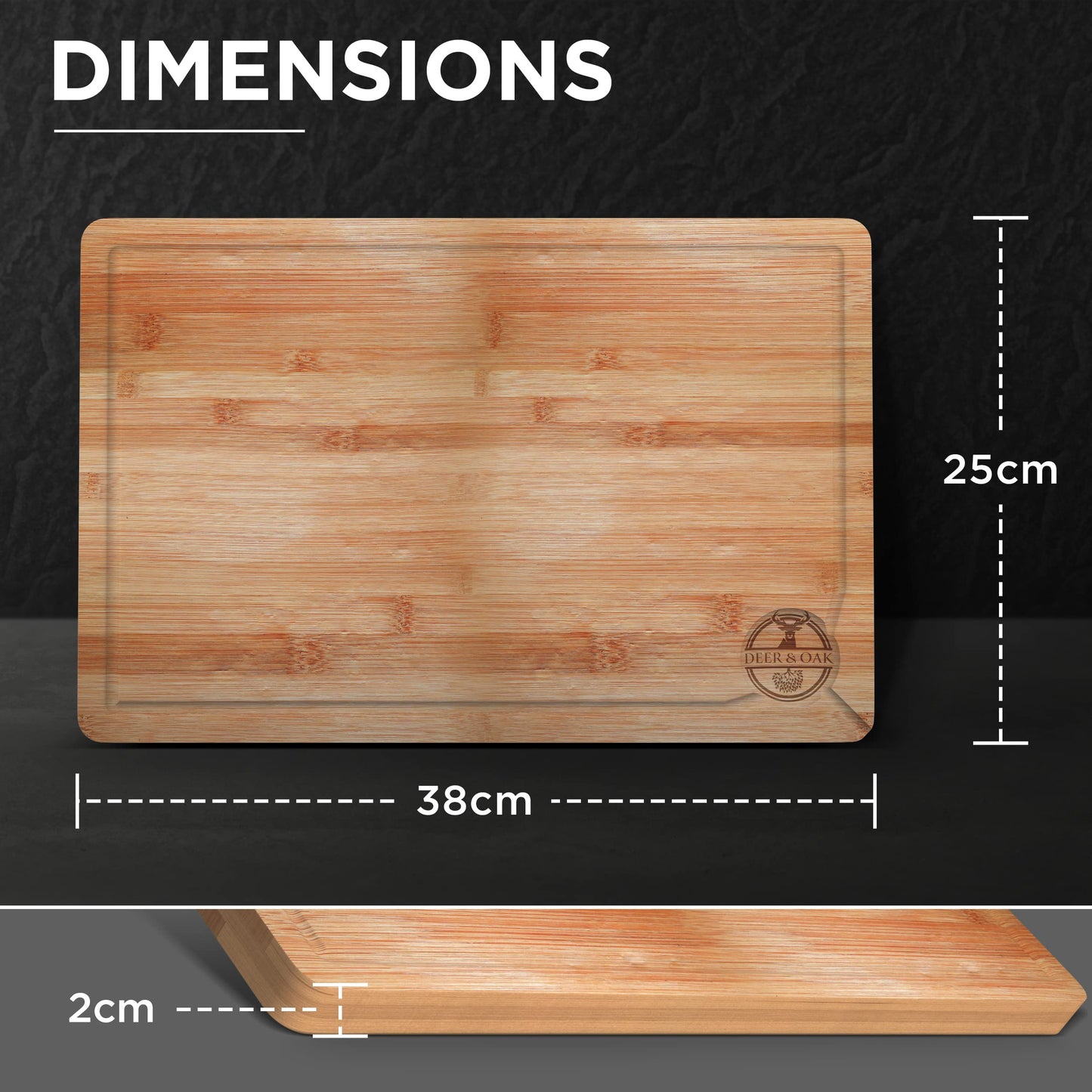 Deer & Oak - Premium Wooden Chopping Board - Large 38 x 25 x 2 cm Bamboo Cutting Board for Carving Meat or Vegetables - Chopping Boards for Kitchens - Pre Oiled, Treated, Attractive Wood