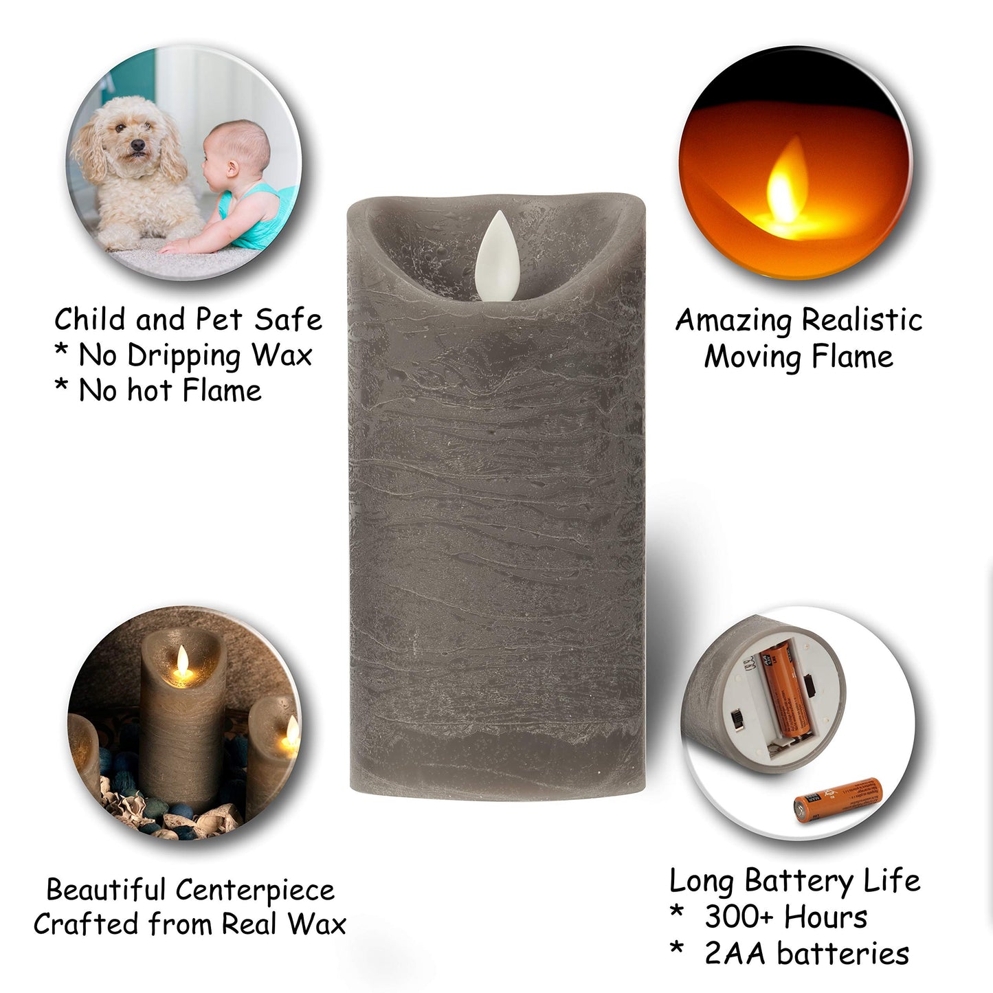 Flameless Candles Flickering LED | Battery Operated Electric Pillar Candle | Realistic Moving Flame Flicker with Remote Control & Timer | Real Wax Grey | Great Home Decor | Decorative Gift Gray