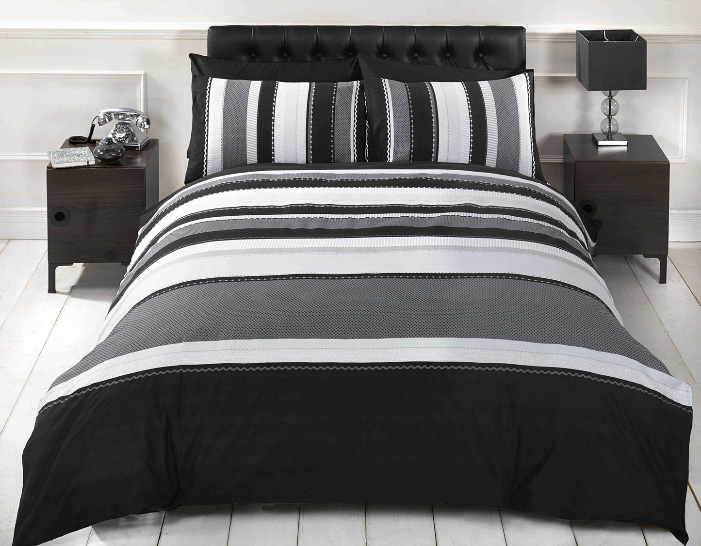 Rapport Striped Quilt Duvet Cover and 2 Pillowcase Bed Set, Cotton and Polyester, Grey, Double