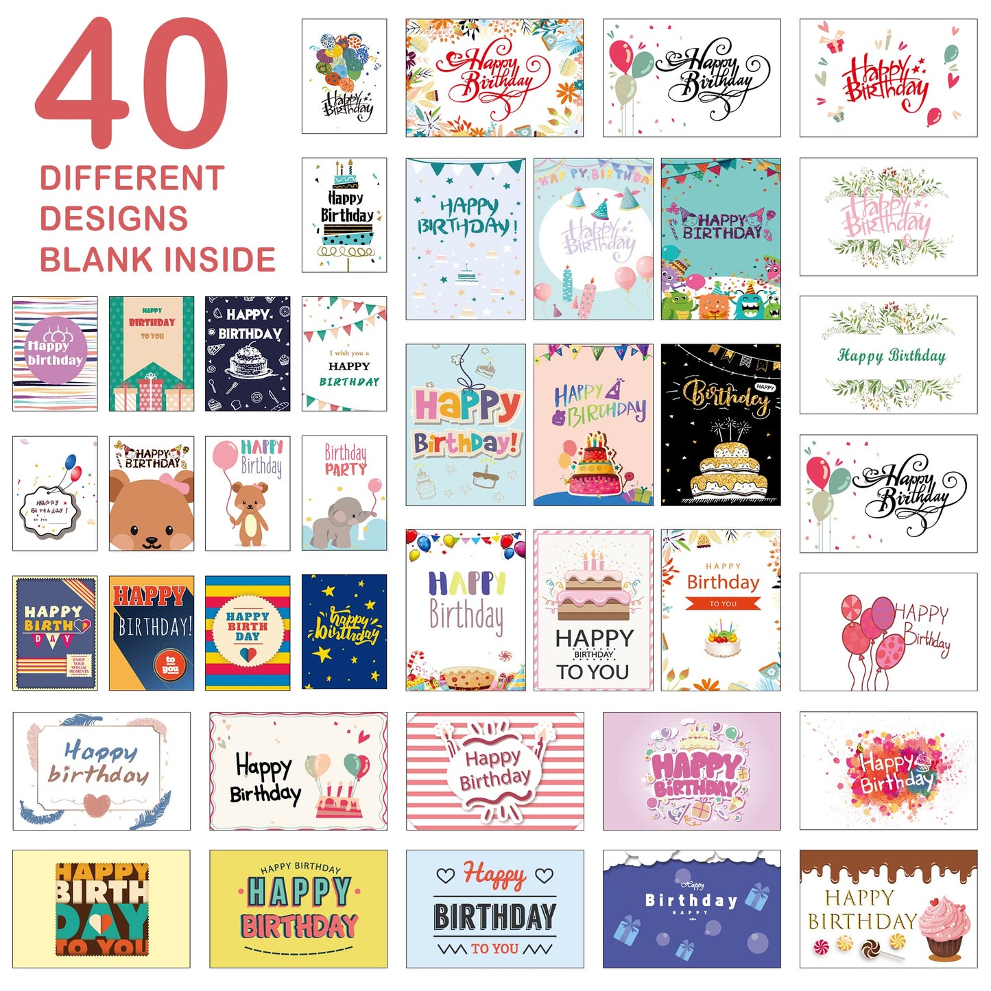 Feela 40 Happy Birthday Cards Pack, 40 Designs Birthday Cards Multipack and 40 Blank Envelopes，48 Pieces of Stickers 2 Washi Tapes, 4 X 6 Inches Blank Greeting Cards for Women, Men, Friends and Kids