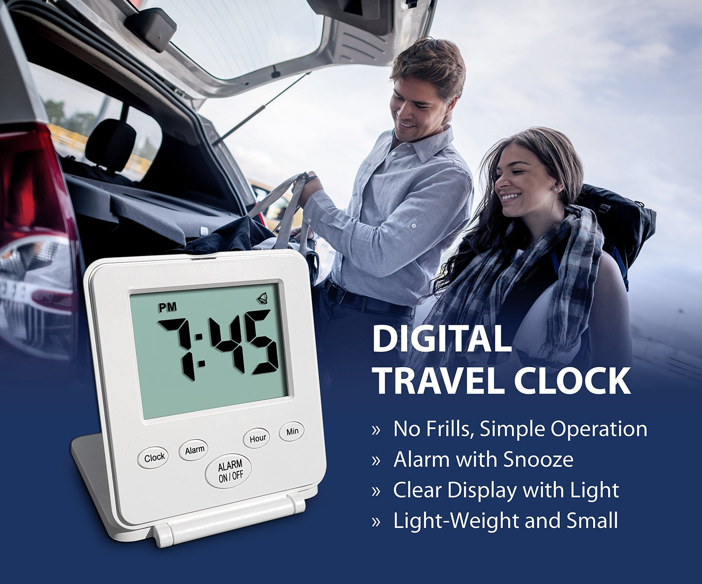 Digital Travel Alarm Clock - No Bells, No Whistles, Simple, Battery Operated, Alarm, Snooze, Small and Light, ON/OFF Switch, USA Top Selling for 2+ Years! White