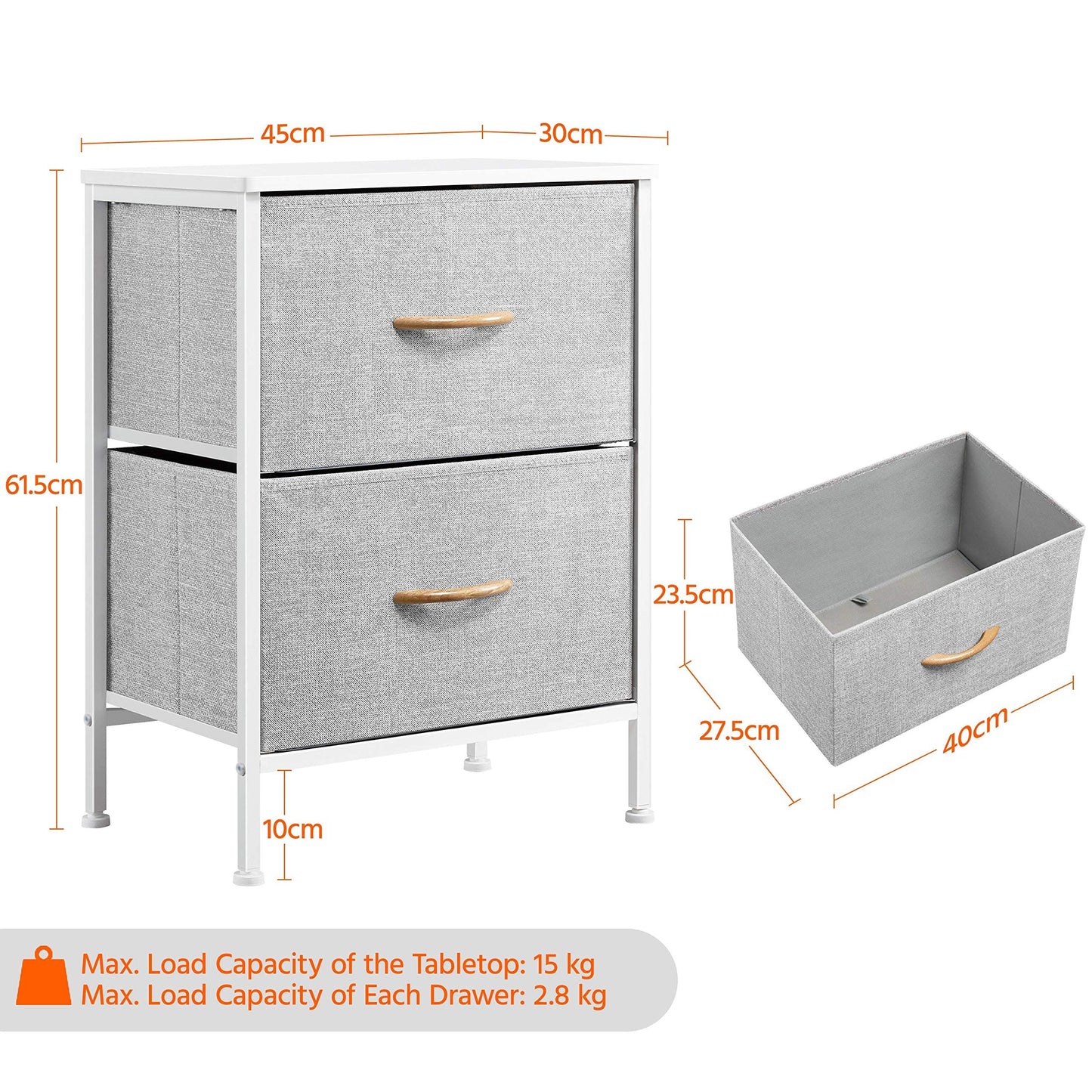 Yaheetech Chest of Drawers, Fabric Storage Wardrobe Cabinet with 2 Easy Pull Drawers, Metal Frame Cloth Organizer Unit for Living Room/Bedroom/Hallway/Nursery, Light Grey, 45 x 30 x 61.5 cm 45 x 30 x 61.5 cm(LxWxH) Light Gray, White