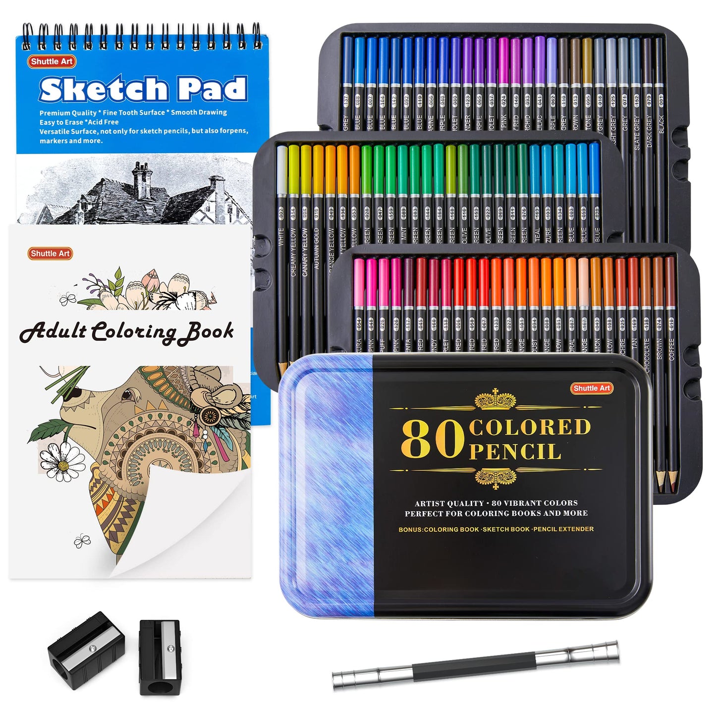 Shuttle Art 80 Colours Professional Colouring Pencils, Soft Core Coloured Pencil Set with 1 Colouring Book,1 Sketch Pad, 2 Sharpener, 1 Pencil Extender, Perfect for Artists Adult Beginners Drawing