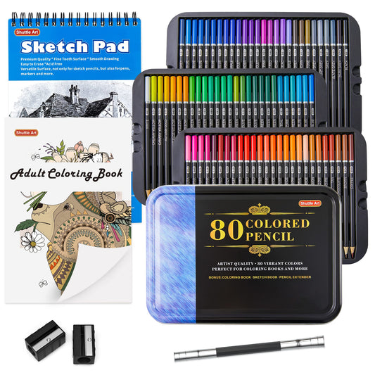 Shuttle Art 80 Colours Professional Colouring Pencils, Soft Core Coloured Pencil Set with 1 Colouring Book,1 Sketch Pad, 2 Sharpener, 1 Pencil Extender, Perfect for Artists Adult Beginners Drawing