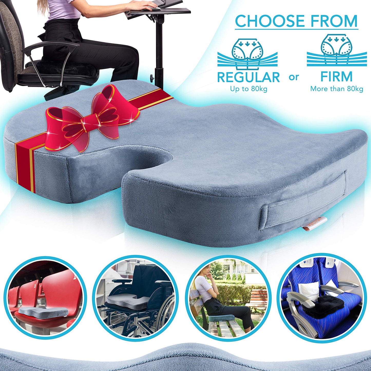 TheComfortZone Seat Cushion for Office Chair,Tailbone,Hemorrhoid, Back Support Pain Relief Chair Cushion pillow, Ergonomic Memory Foam Non-Slip pads, Coccyx Cushion, Wheelchair,Car Gray