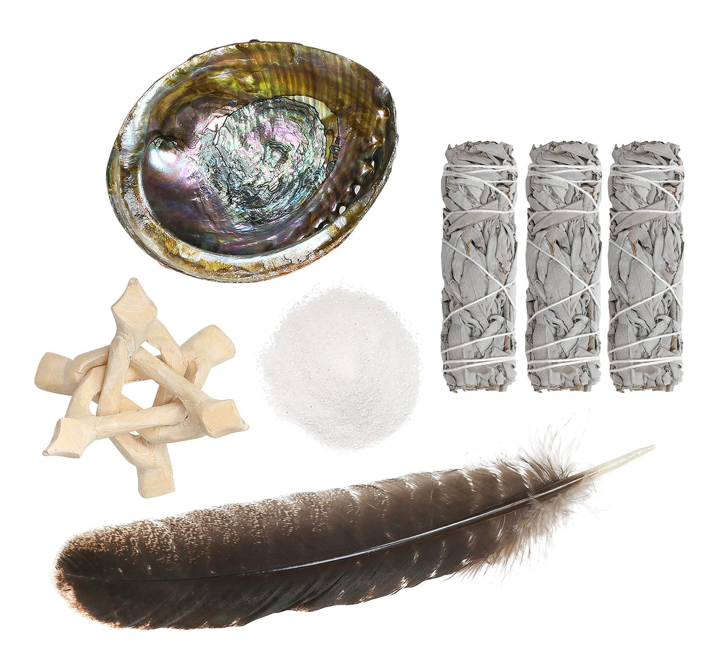 Sarimoire Sage Smudge Kit - White Sage Smudge Sticks - 4in ~ Abalone Shell 5-6in ~ 2in Tripod Stand ~ 9-12in Feather and White Sand