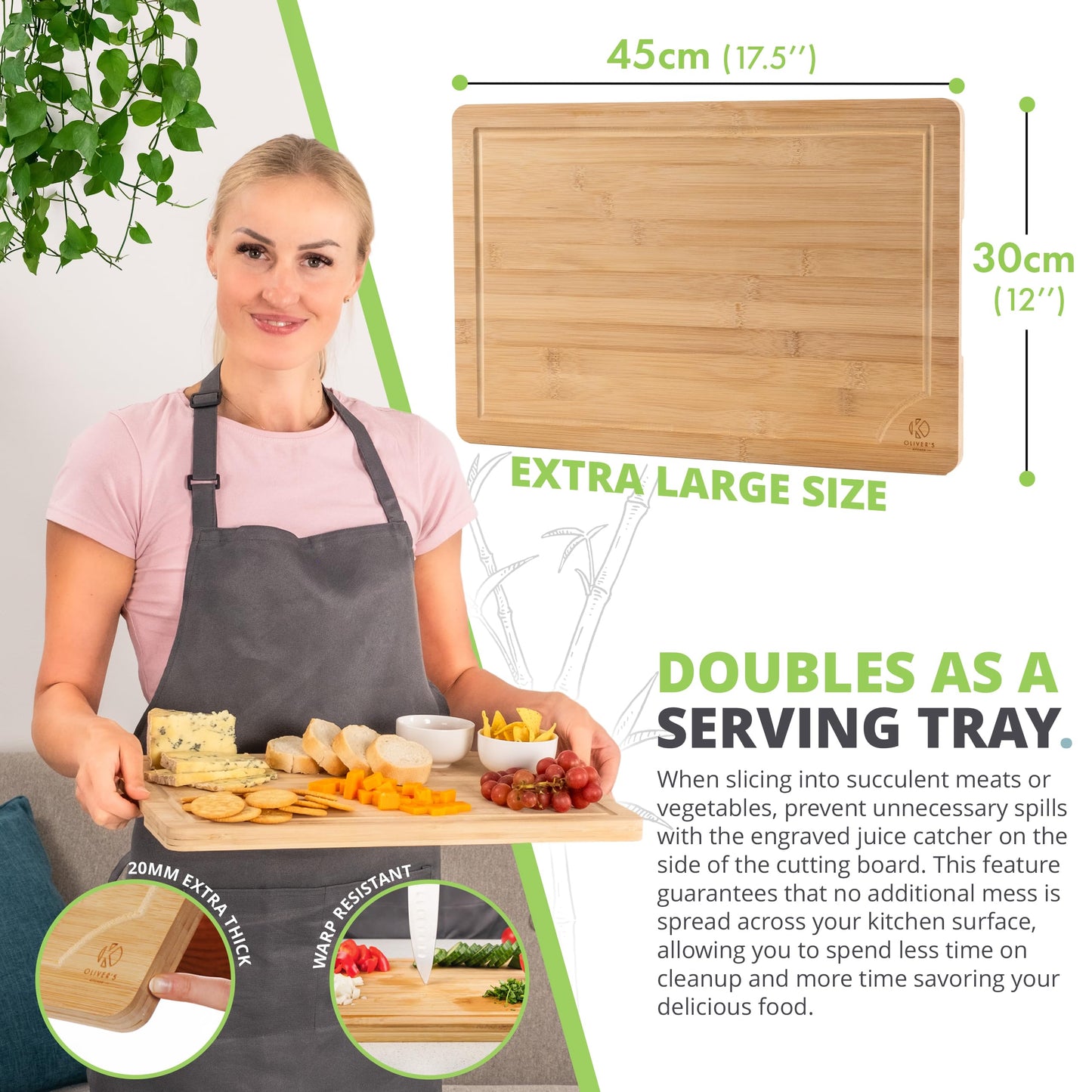 Oliver's Kitchen's Premium 100% Organic Large Bamboo Chopping Board - (45 x 30 x 2 cm) - Reversible Wooden Cutting Board - Strong, Durable & Hard Wearing Serving Board - Easy To Clean with Drip Groove