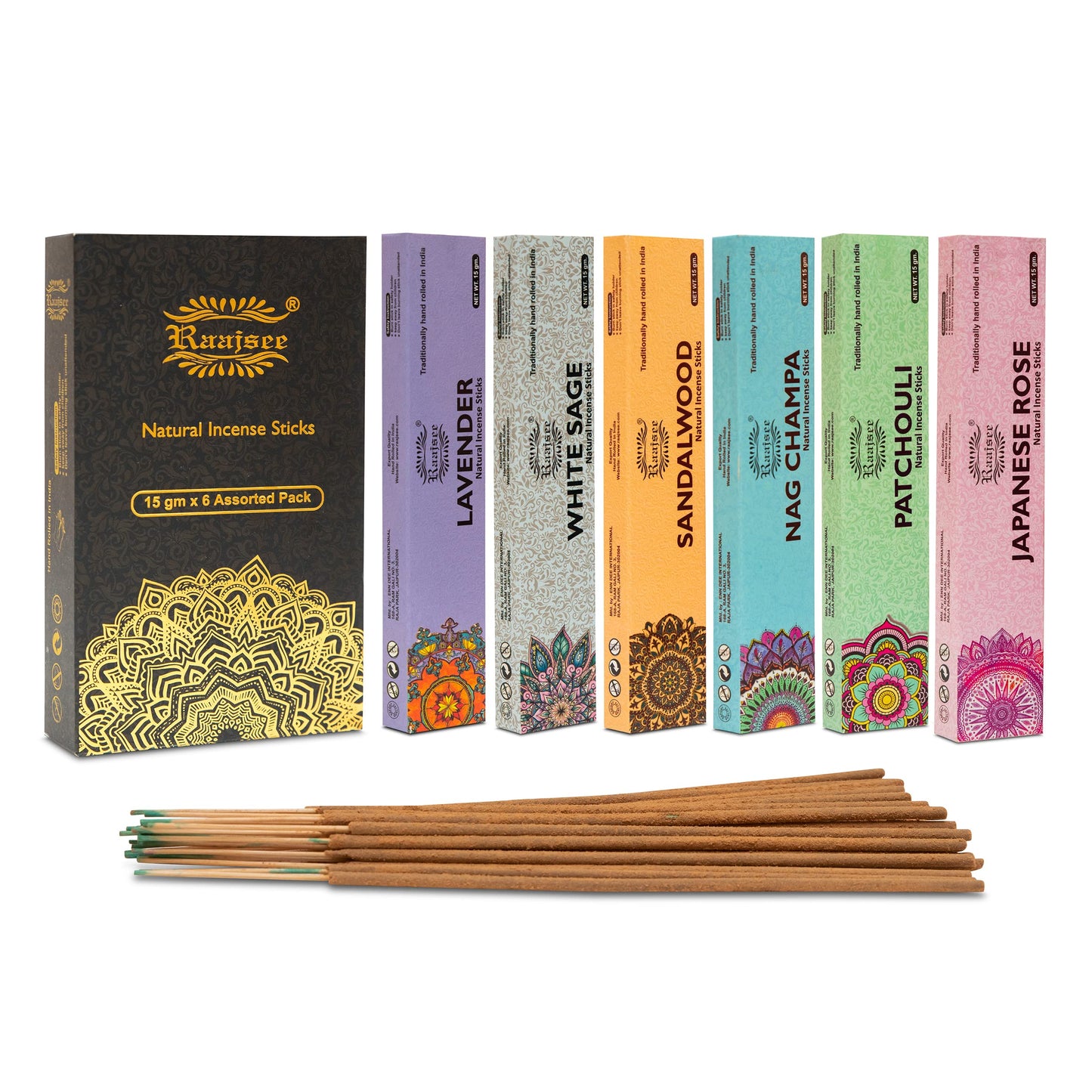 raajsee Natural Incense Sticks-100% Organic Hand rolled 6 PACK15gm each Insencents Sticks- Free from Chemicals & Charcol-No Black Smoke Joss Sticks Rj 6 Pack 1