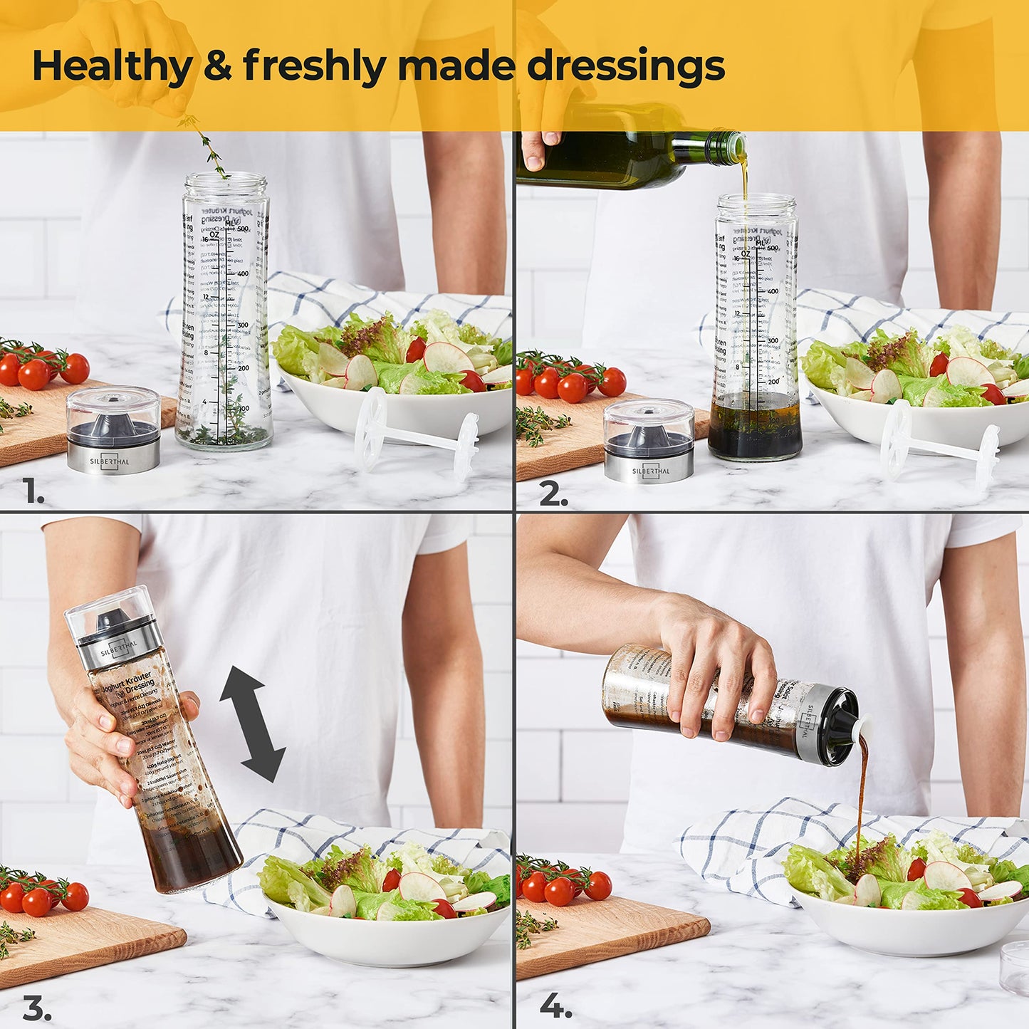 SILBERTHAL Salad Dressing Shaker - Sturdy Glass & Stainless Steel - Recipes on Glass - 500 ml - Dishwasher Safe Salad Dressing Jar