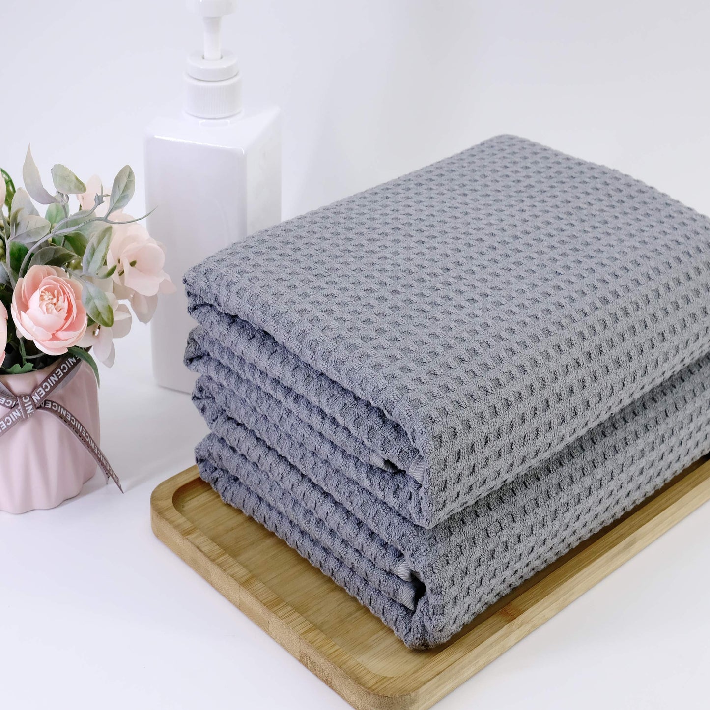 POLYTE Microfibre Oversize Quick Dry Lint Free Bath Towel, 76 x 152 cm, Set of 2 (Gray, Waffle Weave) Gray