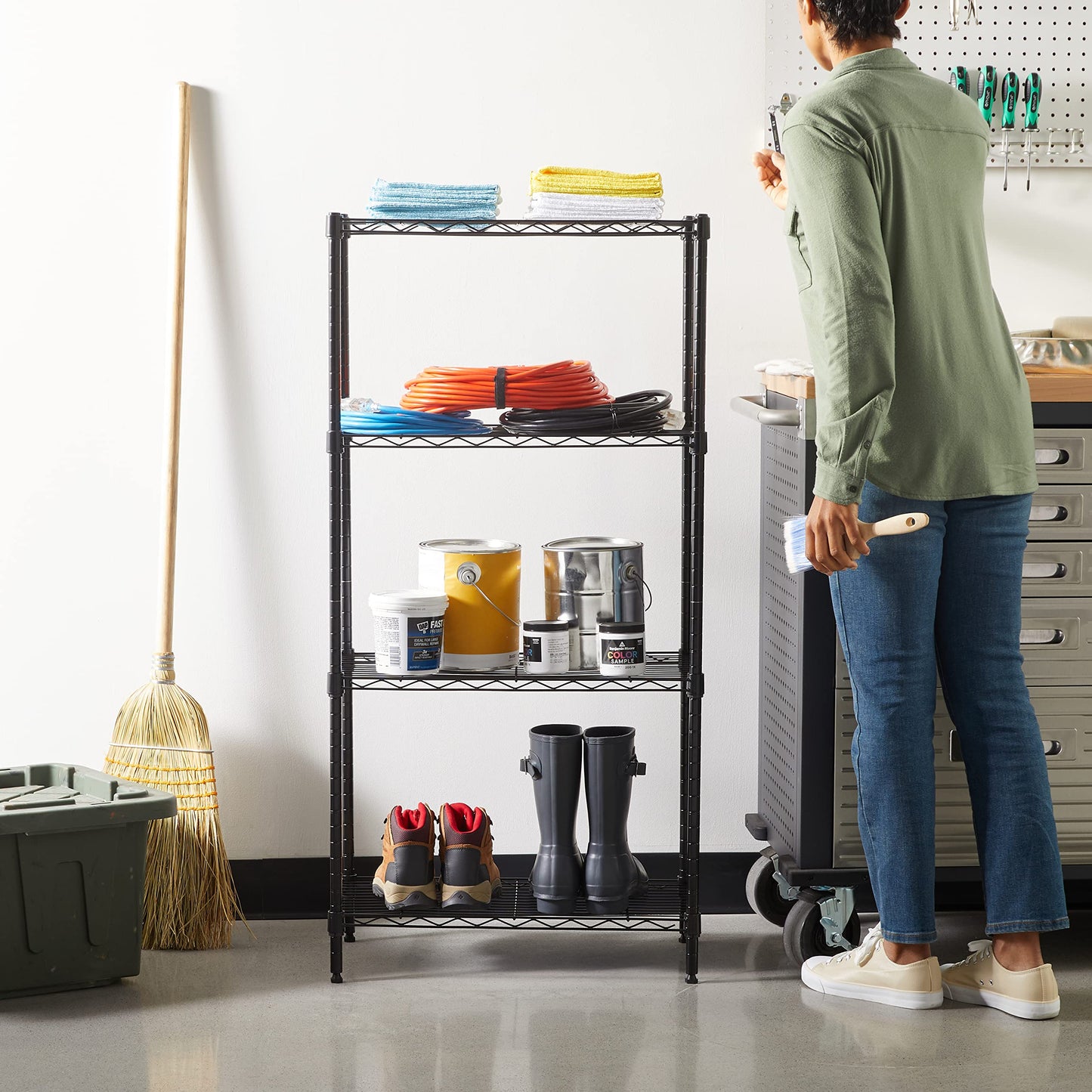 Amazon Basics 4-Shelf Narrow Storage Unit With Height Adjustable Shelves & Levelling Feet, 363kg Max Weight, Black, 34 cm D x 58.9 cm W x 121.9 cm H No Wheels