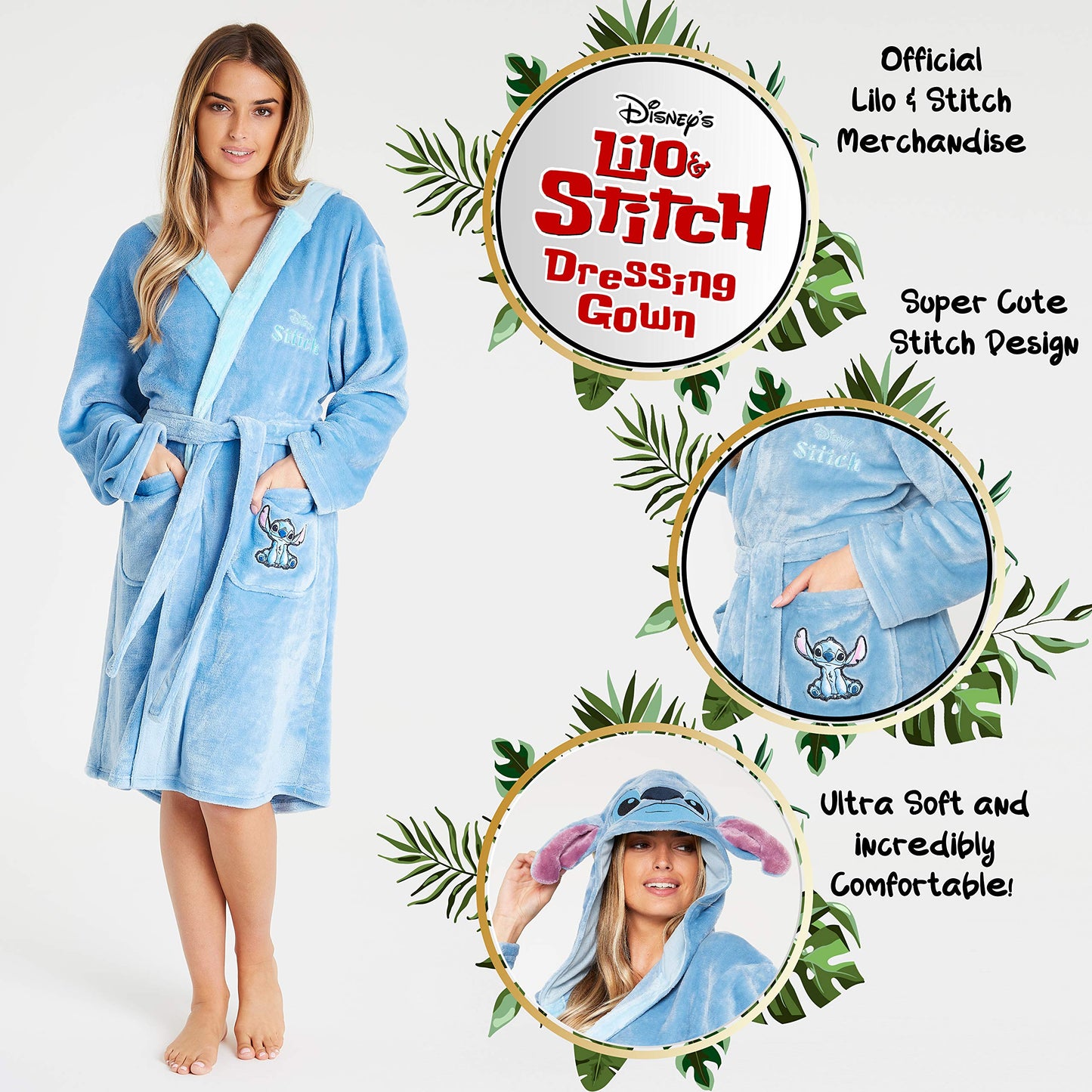 Disney Ladies Dressing Gowns Fleece Hooded Women's Robes Stitch Disney Gifts M Blue