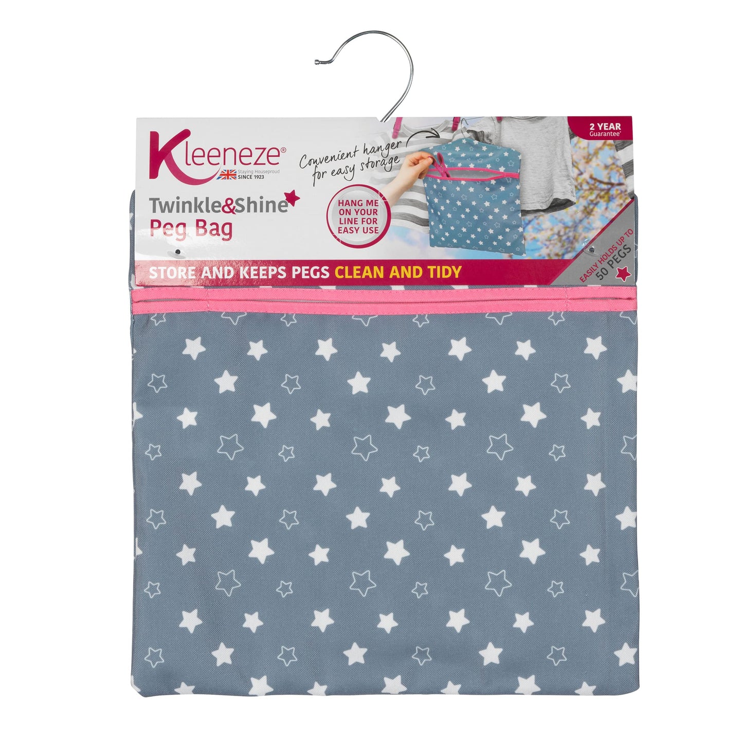 Kleeneze KL081599EU7 Star Print Peg Bag - Hang on Line, Peg Organisation, Easy Hanging Hook for Storage, Holds up to 50 Pegs, Reusable, Indoor/Outdoor Use, Clothes Peg Bag, 33 x 30 cm Twinkle & Shine