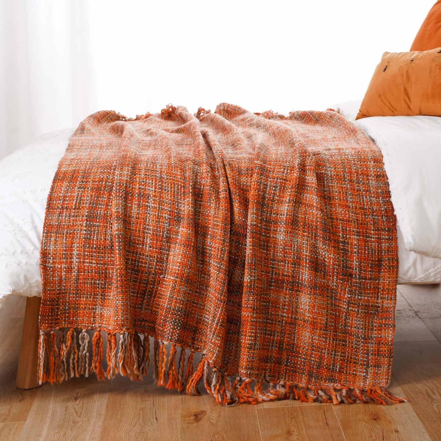 BATTILO HOME Orange Throw Blanket for Sofas Rustic Fall Decorative Bed Throws Boho Knitted Throw Travel Blanket Nap Throw for Armchair Couch and Bed 127x152cm Rust Orange