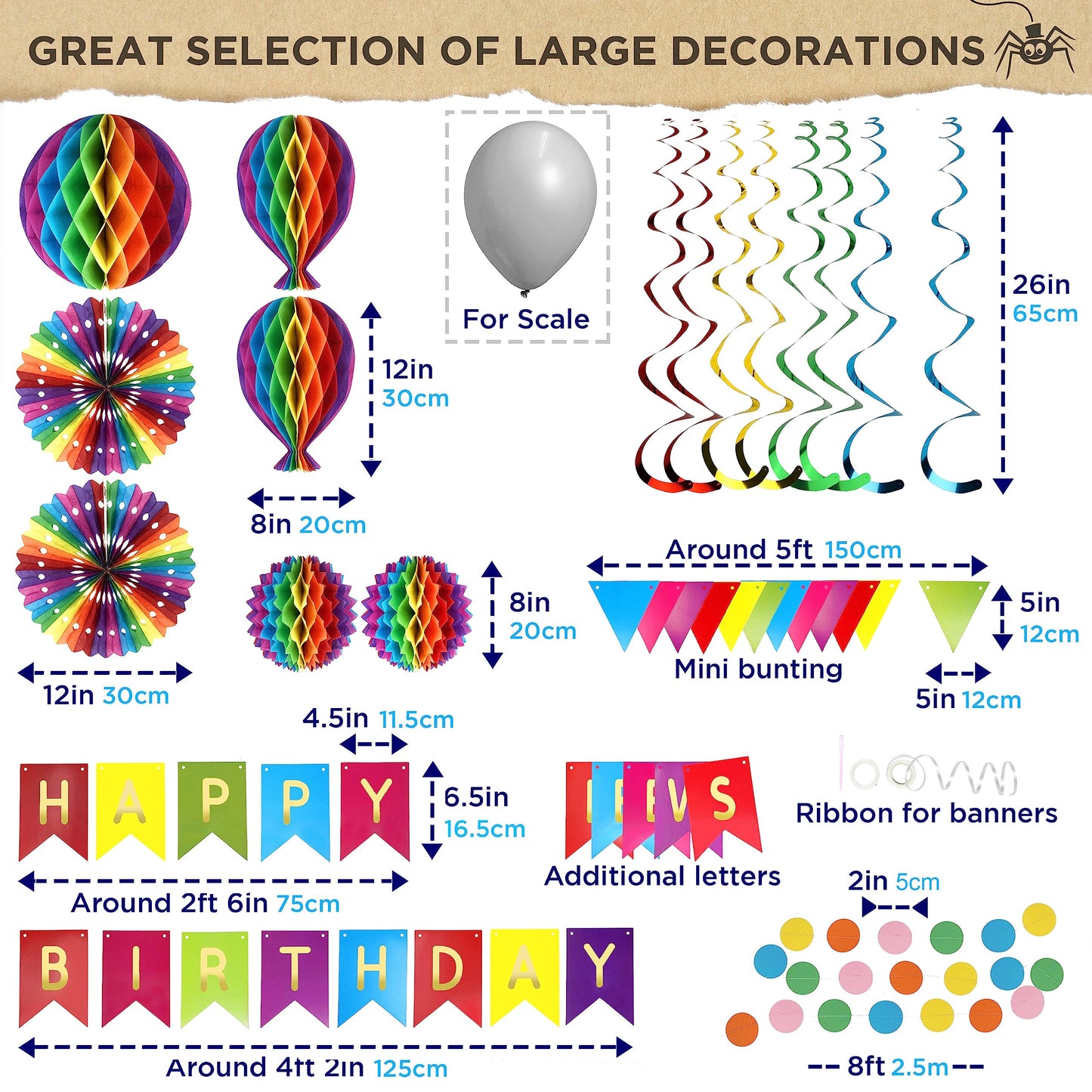 Premium Reusable Birthday Party Decorations - Birthday Decoration Set - Party Supplies - Happy Birthday Banner, Birthday Bunting, Honeycomb Decorations, Pom Poms, Streamers Multicoloured