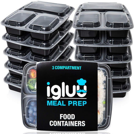 30 Pack - 3 Compartment BPA Free Reusable Meal Prep Containers - Plastic Food Storage Trays with Airtight Lids - Microwavable, Freezer and Dishwasher Safe - Stackable Bento Lunch Boxes - 32 oz 30