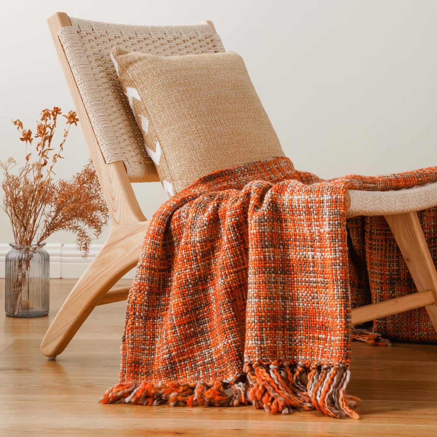 BATTILO HOME Orange Throw Blanket for Sofas Rustic Fall Decorative Bed Throws Boho Knitted Throw Travel Blanket Nap Throw for Armchair Couch and Bed 127x152cm Rust Orange