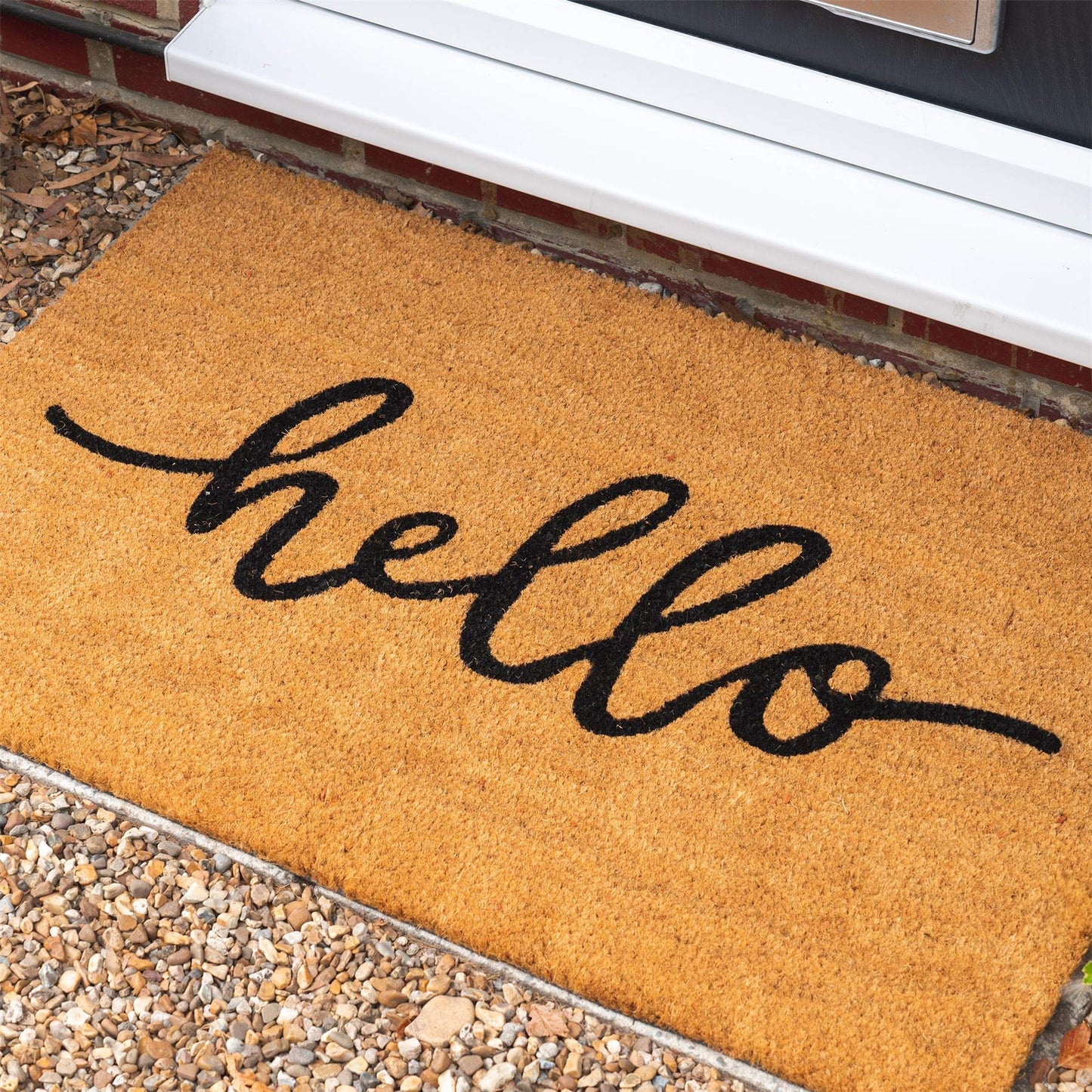 Nicola Spring Non-Slip Coir Door Mat - 60 x 90cm - Hello - PVC Backed Welcome Mats Doormats 60cm x 90cm Brown