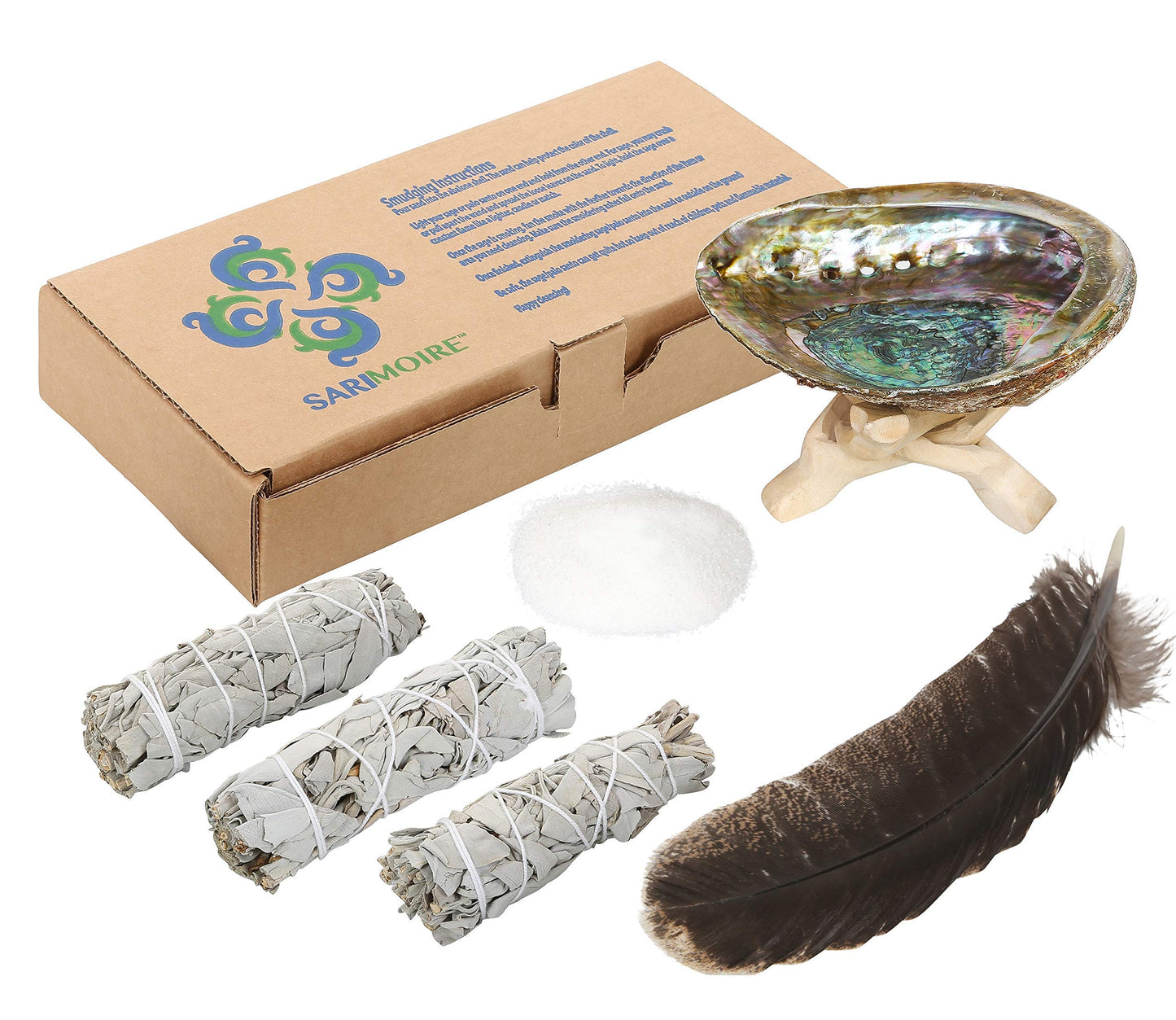 Sarimoire Sage Smudge Kit - White Sage Smudge Sticks - 4in ~ Abalone Shell 5-6in ~ 2in Tripod Stand ~ 9-12in Feather and White Sand