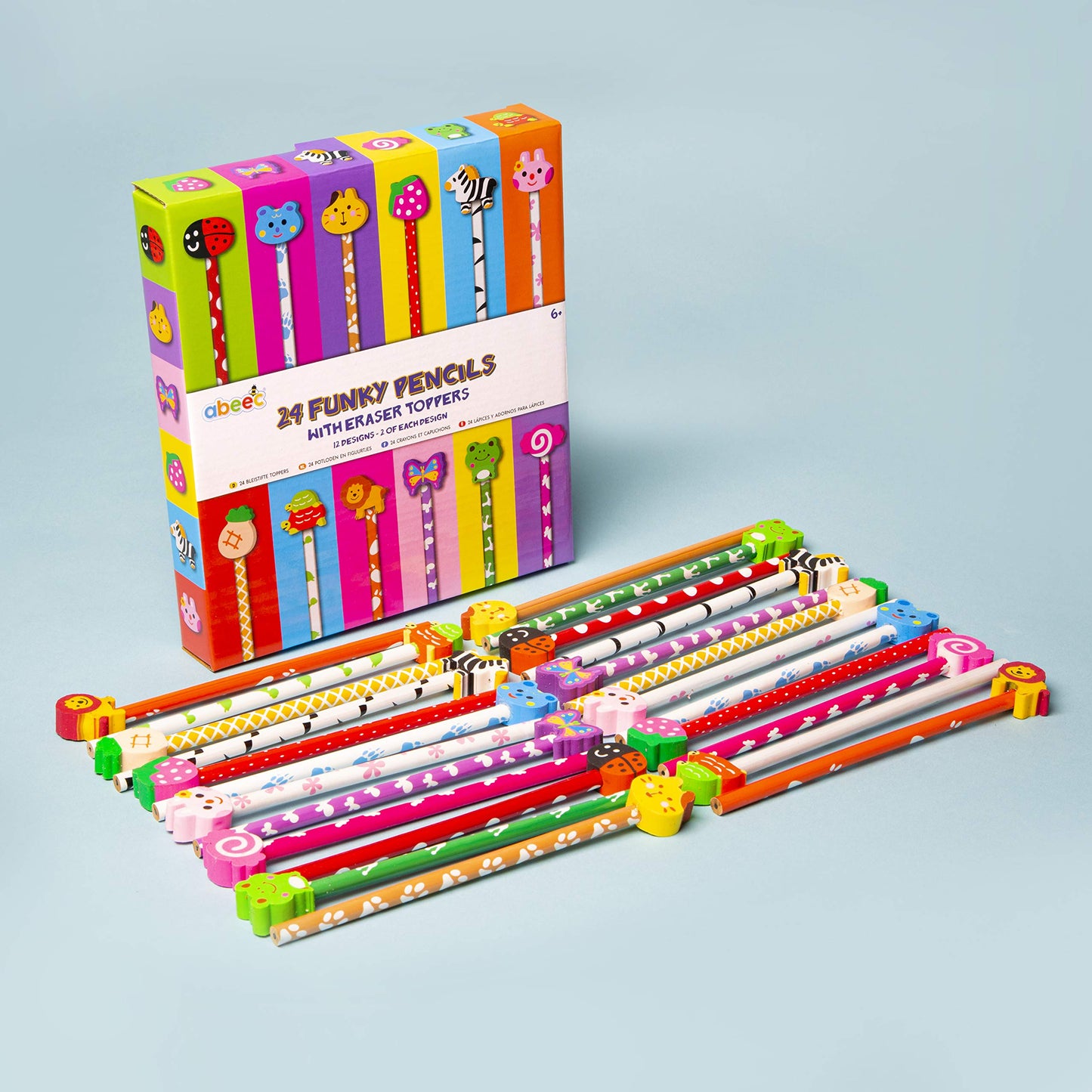 abeec 24 Funky Pencils With Rubbers - Funky Pencils For Kids, Party Bag Fillers, Stocking Fillers Kids, Class Gifts And Kids Party Favours. Funky Stationery, Pencil Eraser Set For Children