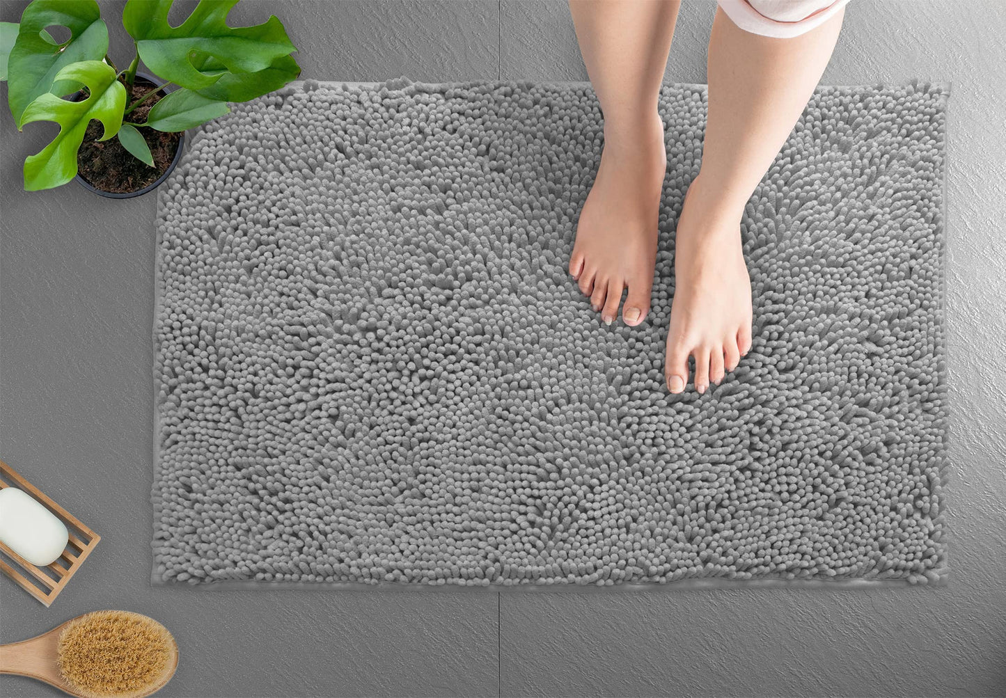 LuxUrux Bath Mat-Extra-Soft Plush Bath Shower Bathroom Rug, 1'' Chenille Microfiber Material, Super Absorbent Shaggy Bath Rug (Light Grey, 60 X 43 cm) 43 x 60 cm Light Grey