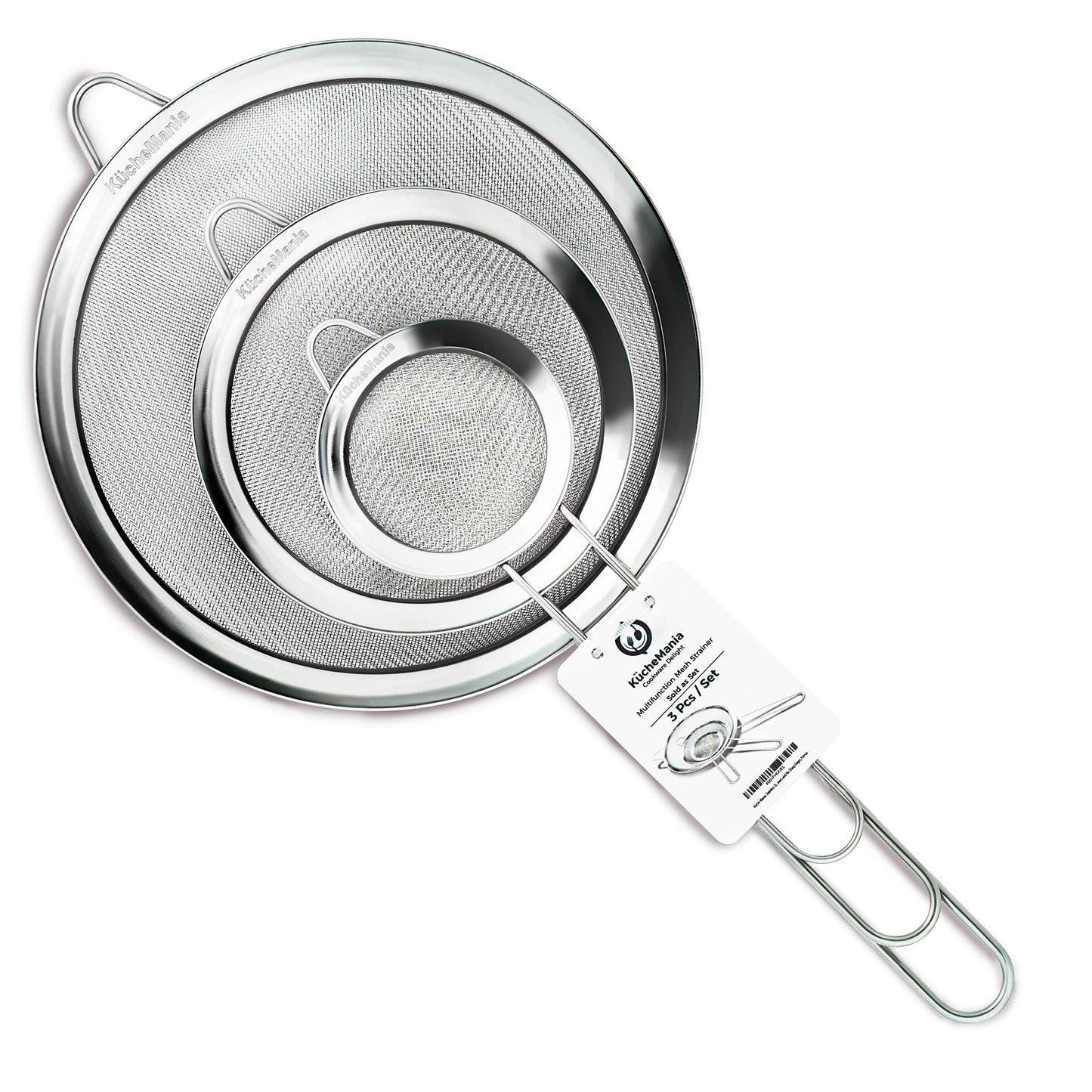 Küche Mania Stainless Steel Sieve Set - Strong, Sturdy Handles Set of 3 Sieve Mesh, 7cm, 12cm, and 18 cm Sieve Stainless Steel, Rust Free Strainers and No Sharp Edges (Set of 3)