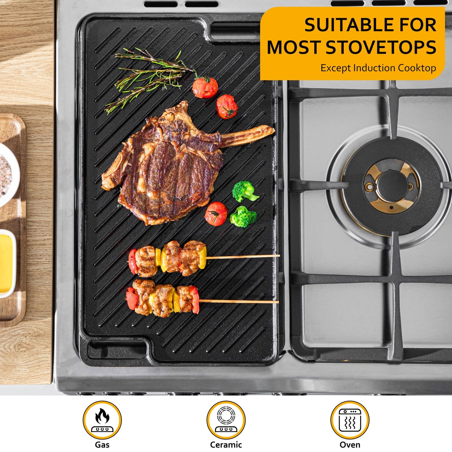 Velaze Cast Iron Griddle Pan for Gas Hobs with Ridged and Flat Surfaces, Grill Pan Non-Stick Drains Fat for BBQ Steak Pan Reversible Pan 45.5 x 26cm 45.5 x 26