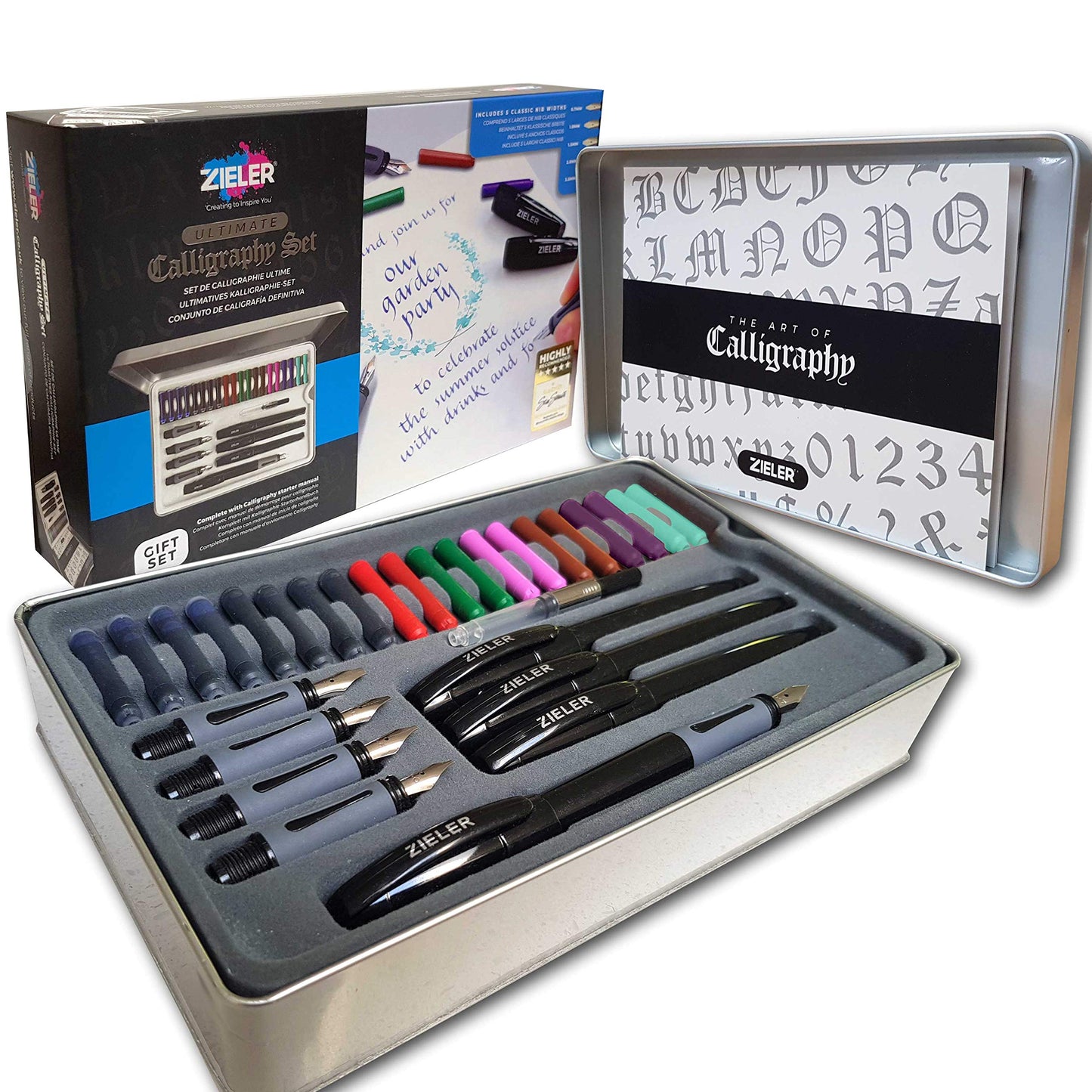 Zieler Ultimate Calligraphy Pen Set – 32-piece Gift Tin Set ● 4 Soft Grip Calligraphy Pens ● 5 free-flowing Nib sections ● 20 Ink cartridges ● Ink convertor ● with Calligraphy Starter Guide Ultimate Set