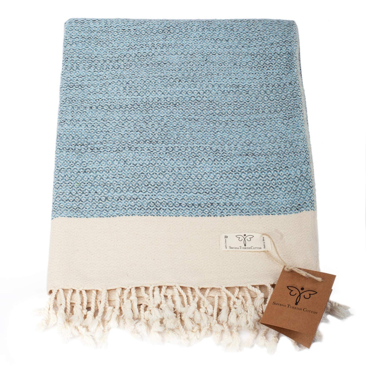 SMYRNA TURKISH COTTON Original Series Throw Blanket 100% Cotton|Large 127x152cm Wearable Cosy Blanket|Made in Turkey|Machine Washable|Premium Luxury Striped Bath Towel - Light Blue 50"x60"