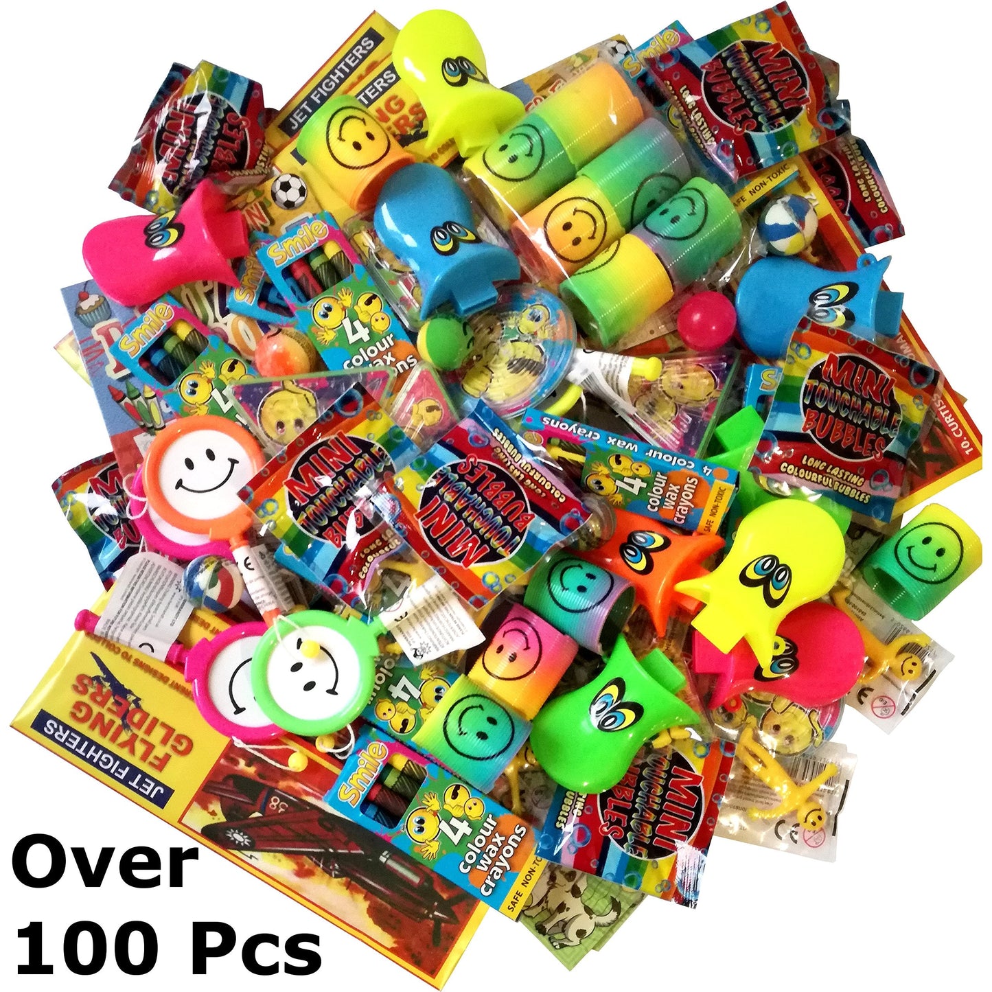 Over 100 Party Bag Fillers Toys Bundle for Kids With 24 Party Bags - Crayons, Bubbles, Bouncy Balls, Stretchy Men, Activity Books, Duck Whistle, Gliders and more for Children - Boys and Girls